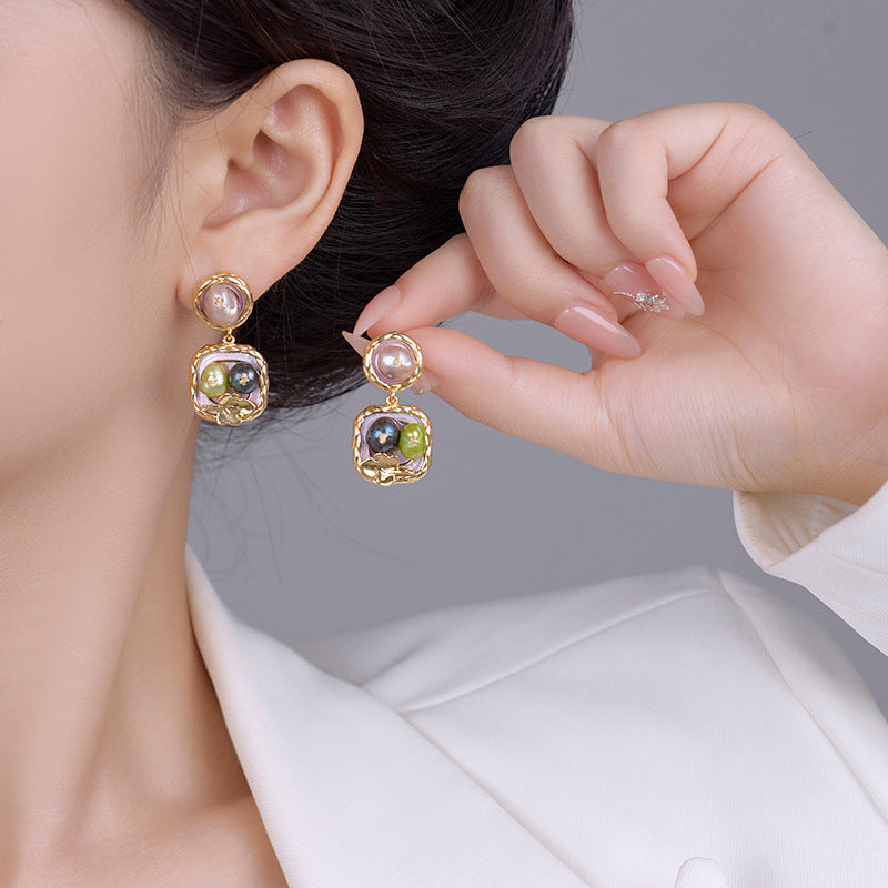 Natural Freshwater Pearl Earrings Fashion Long Tassel Earrings Square Baroque Earrings Light Luxury Retro Earrings For Women