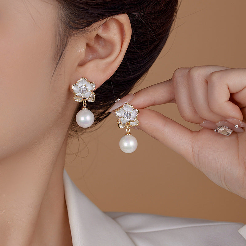 2025 White Camellia Pearl Earrings: Light Luxury, French Temperament, High-End