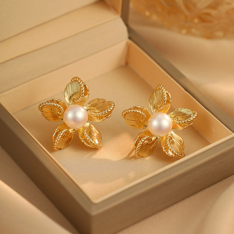 2025 Irregular Metal Pearl Flower Earrings: Retro, 925 Silver Needle, Versatile