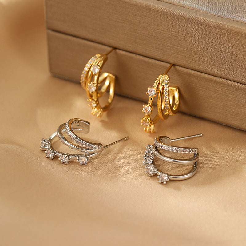 2025 Three-Layer Zircon Earrings: Silver Needle, 925 High-End, Wholesale