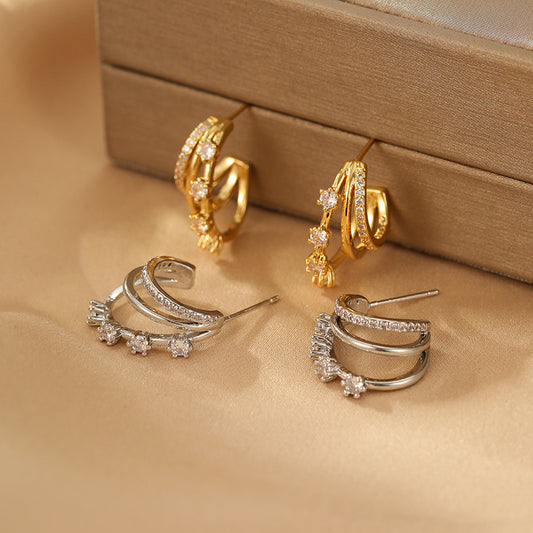 2025 Three-Layer Zircon Earrings: Silver Needle, 925 High-End, Wholesale