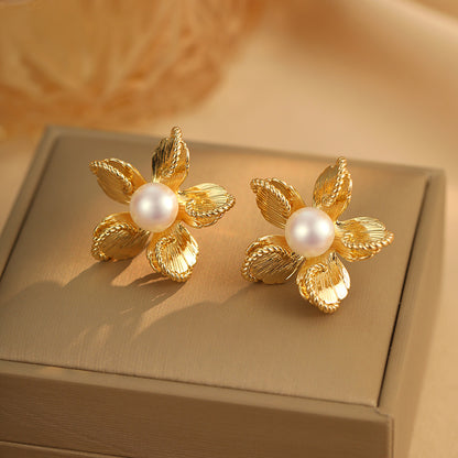 2025 Irregular Metal Pearl Flower Earrings: Retro, 925 Silver Needle, Versatile