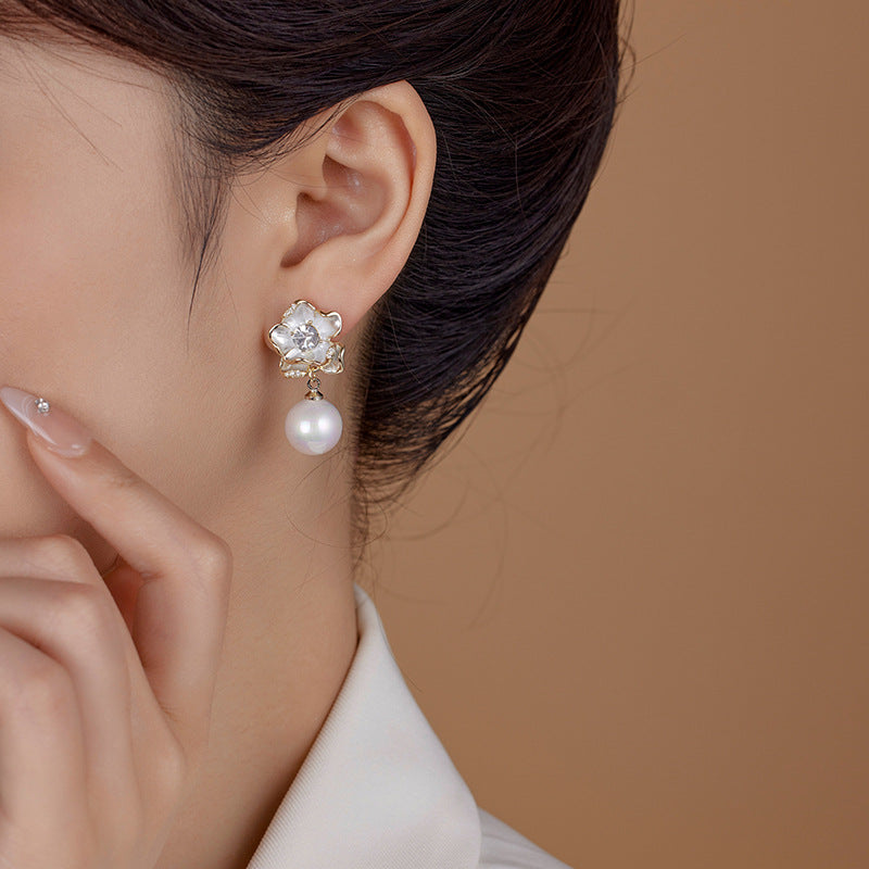 2025 White Camellia Pearl Earrings: Light Luxury, French Temperament, High-End