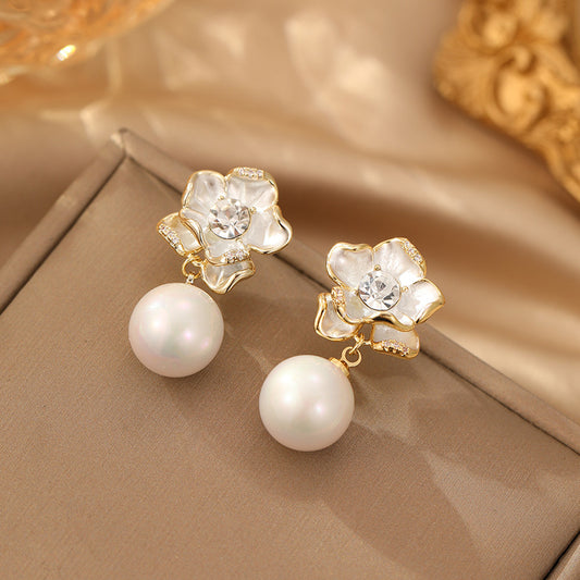 2025 White Camellia Pearl Earrings: Light Luxury, French Temperament, High-End